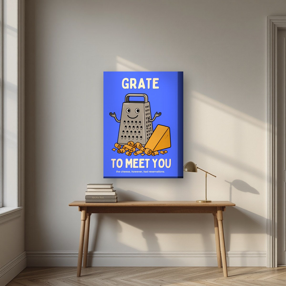Grate to Meet You – Deckchair Blue art print, on thick canvas, styled in a desk