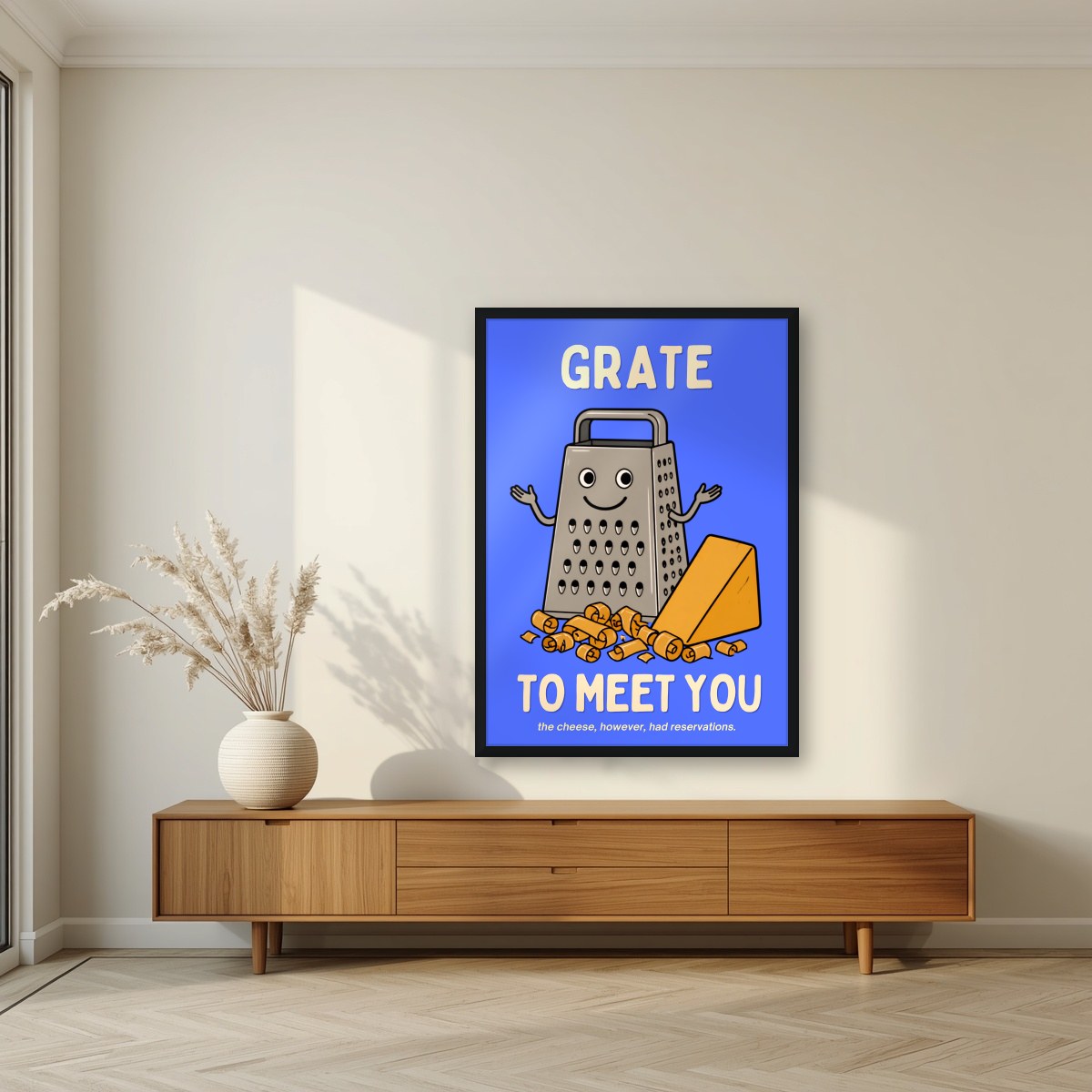 Grate to Meet You – Deckchair Blue art print, in a black frame, styled in a living room