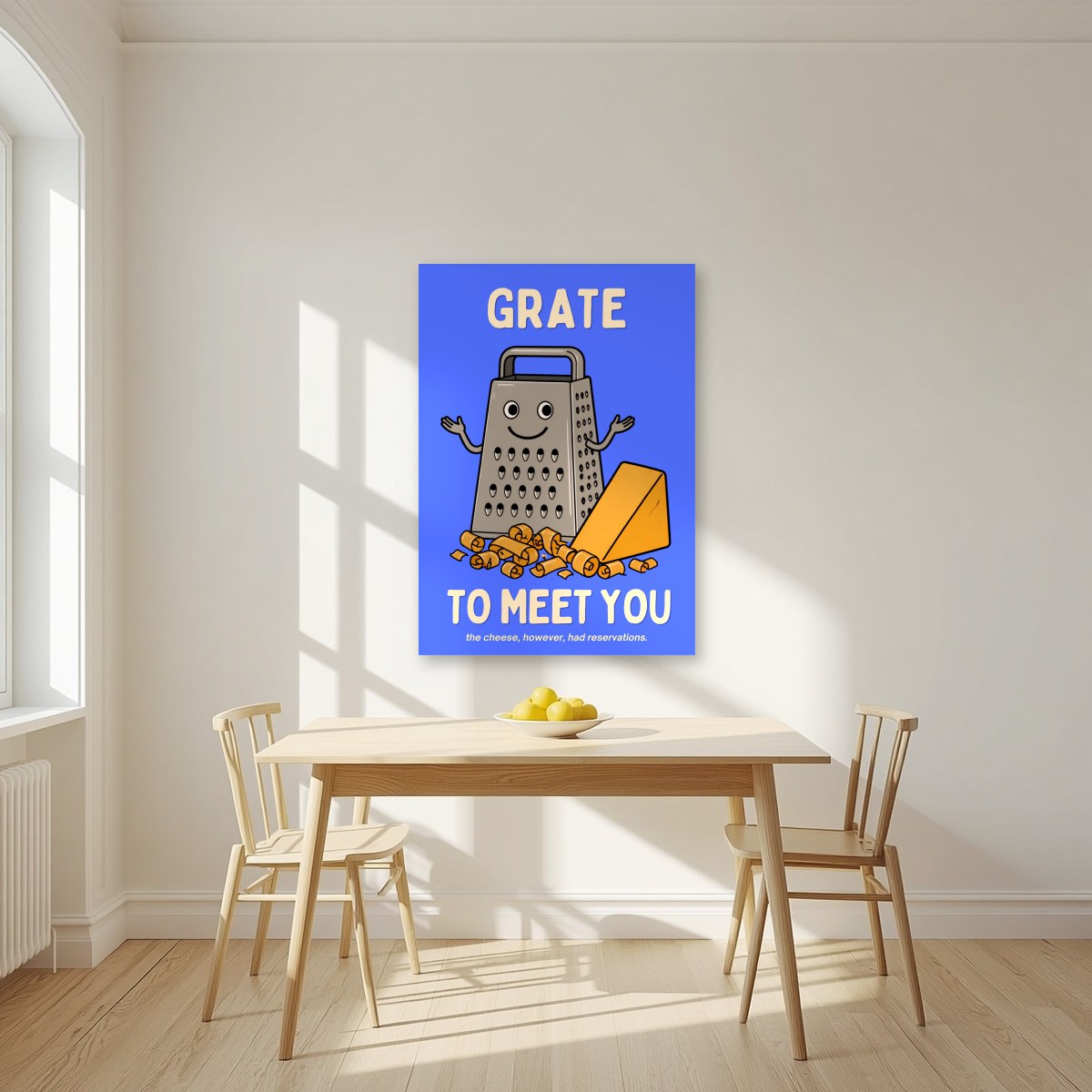 Grate to Meet You – Deckchair Blue art print, unframed poster, styled in a kitchen