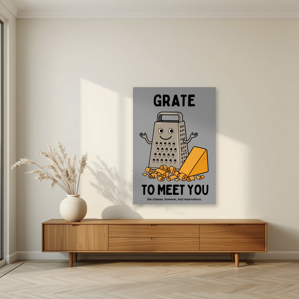Grate to Meet You – Pebble Grey art print, unframed poster, styled in a living room