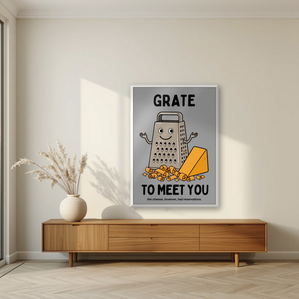 Grate to Meet You – Pebble Grey art print, in a white frame, styled in a living room
