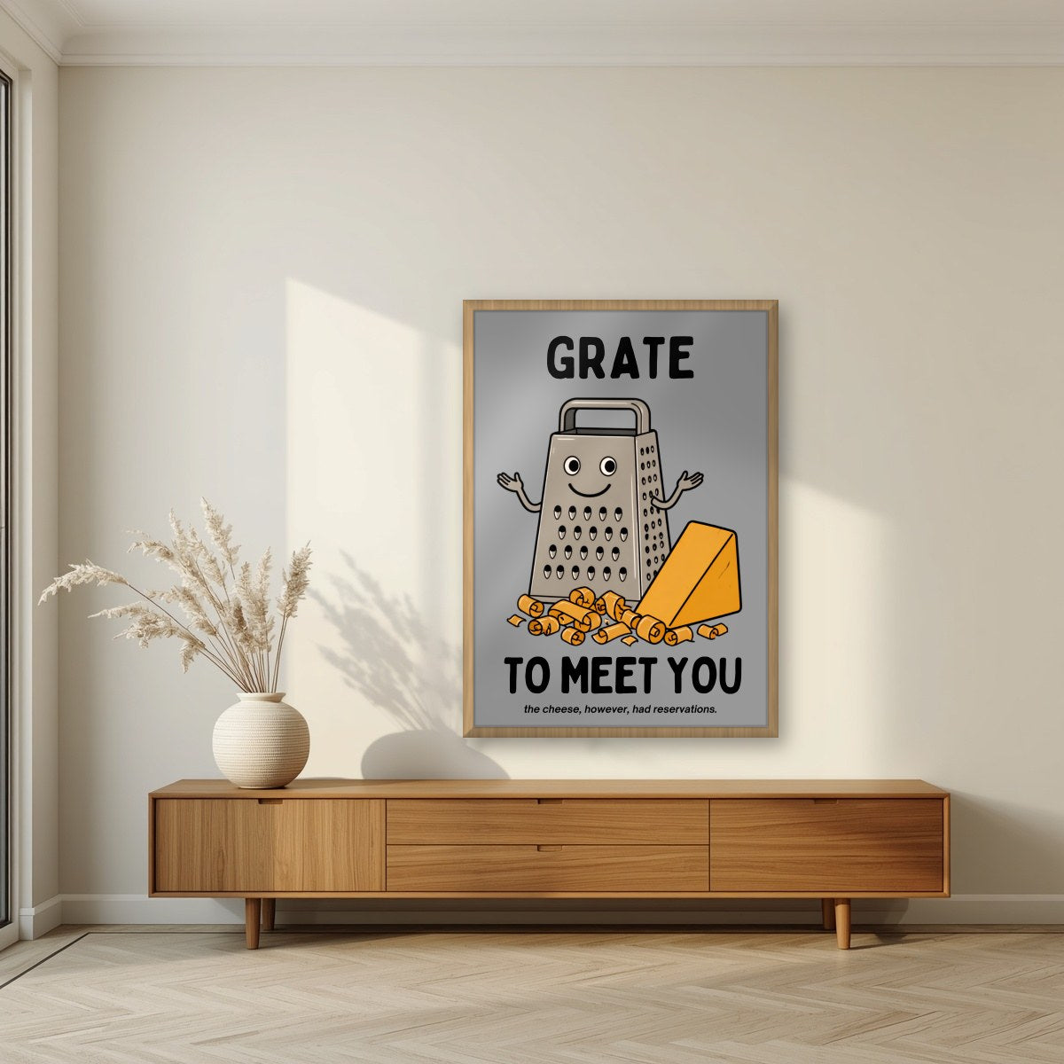 Grate to Meet You – Pebble Grey art print, in an oak frame, styled in a living room