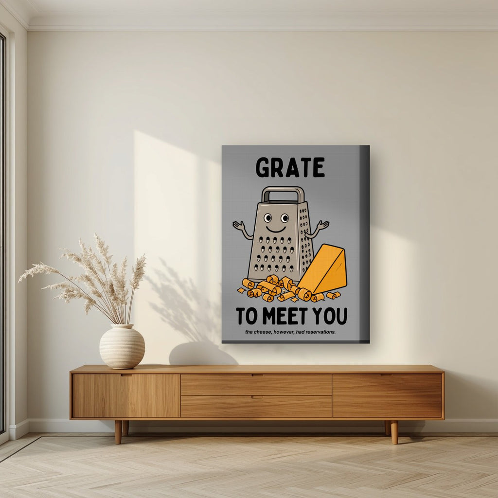 Grate to Meet You – Pebble Grey art print, on thick canvas, styled in a living room