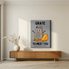 Grate to Meet You – Pebble Grey art print, on thick canvas, styled in a living room