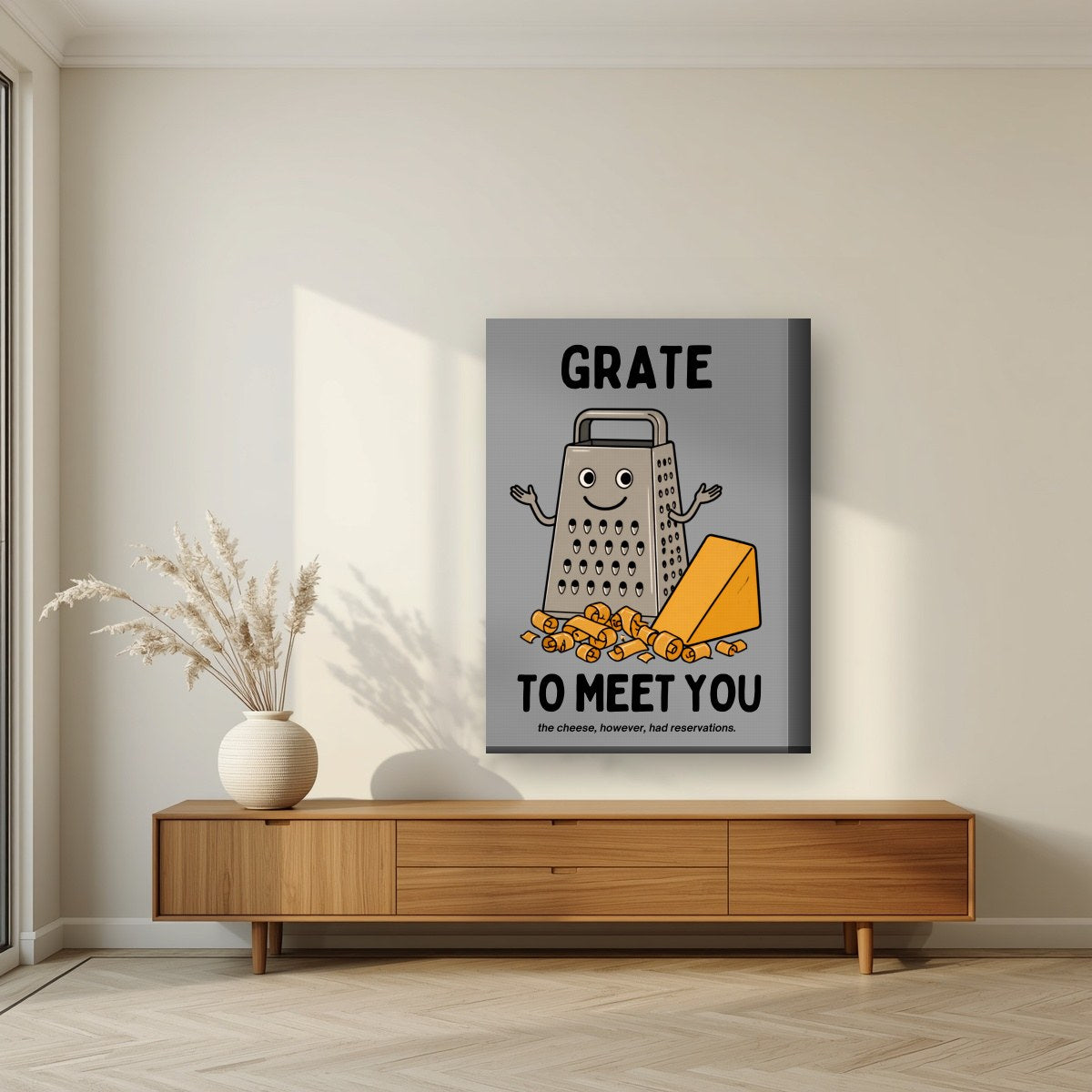Grate to Meet You – Pebble Grey art print, on thick canvas, styled in a living room