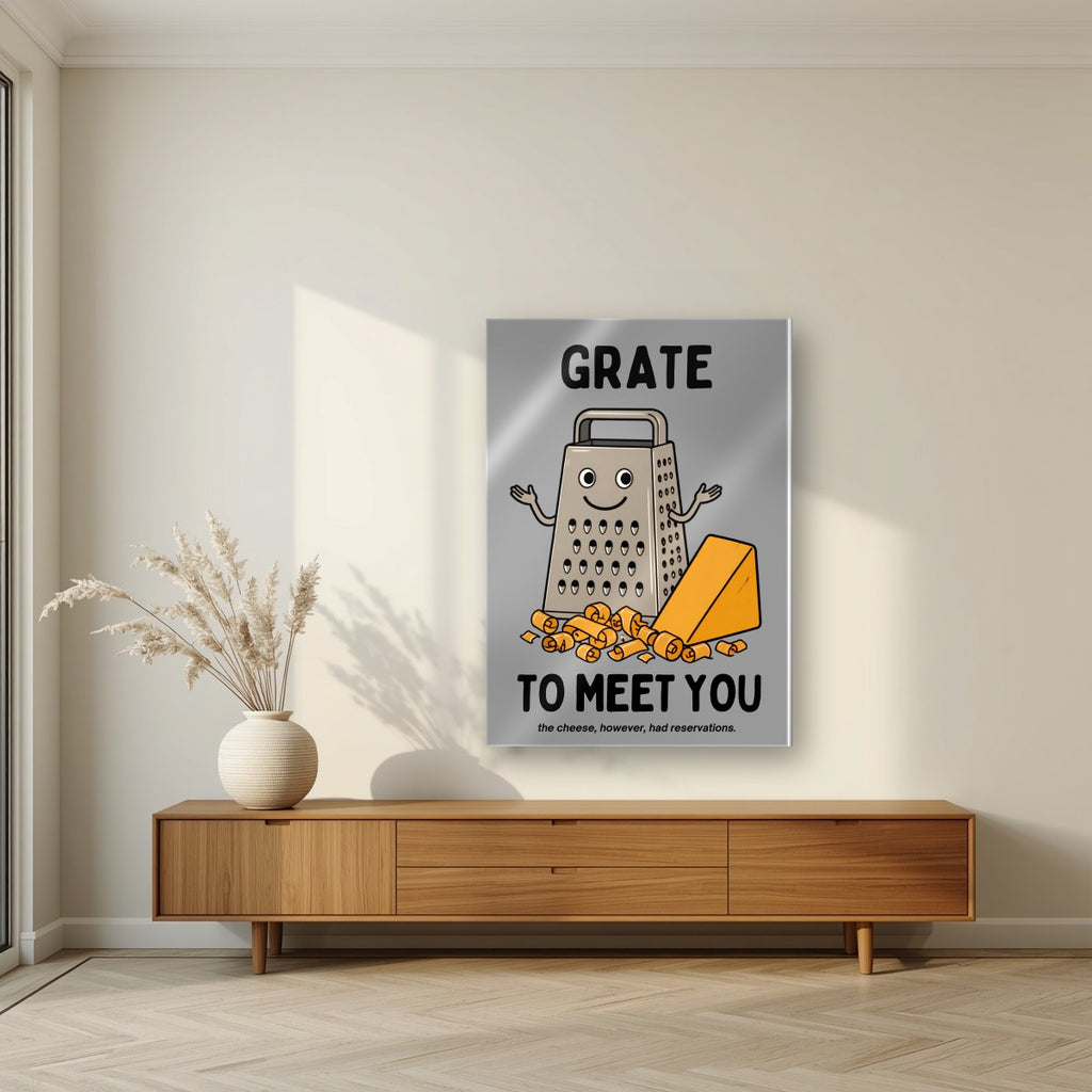 Grate to Meet You – Pebble Grey art print, as an acrylic print, styled in a living room