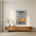 Grate to Meet You – Pebble Grey art print, as an acrylic print, styled in a living room