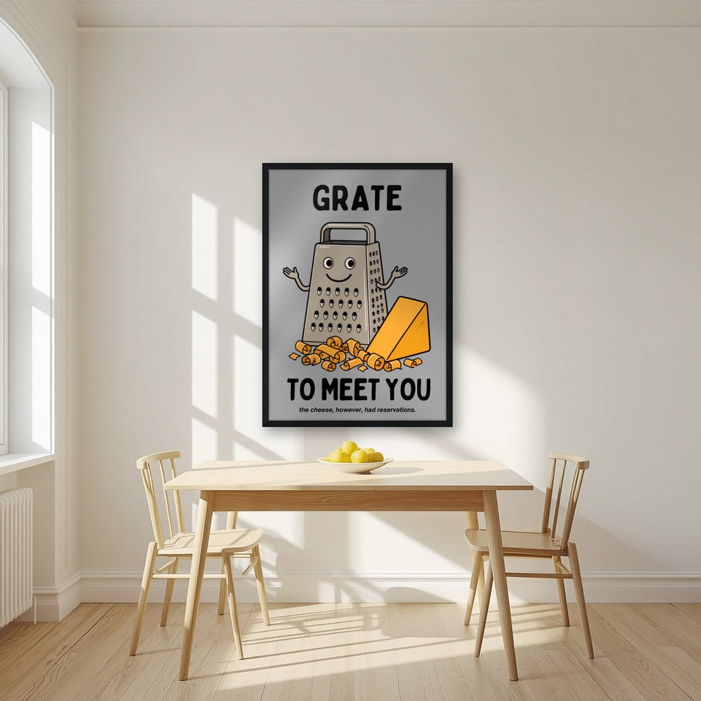 Grate to Meet You – Pebble Grey art print, in a black frame, styled in a kitchen