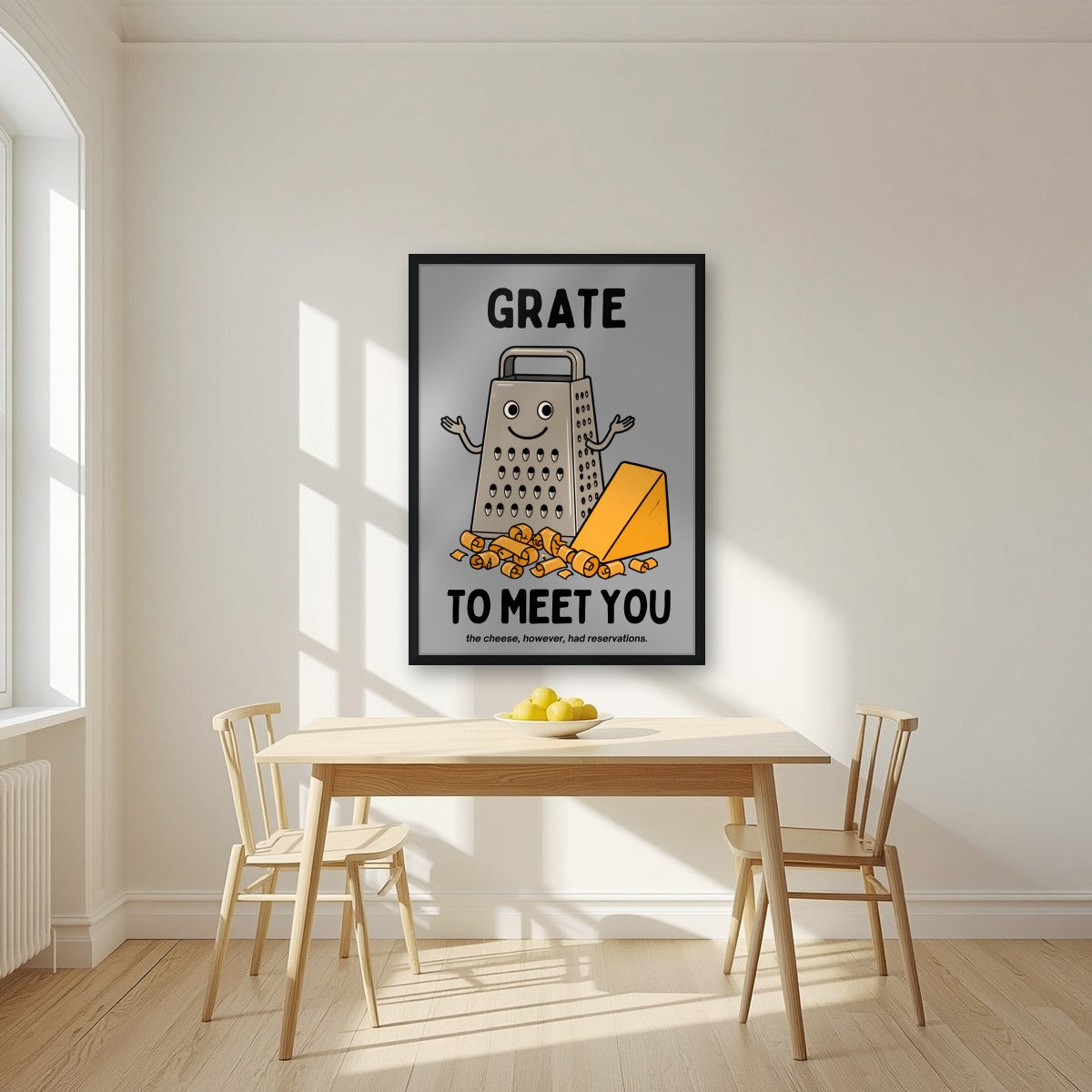Grate to Meet You – Pebble Grey art print, in a black frame, styled in a kitchen