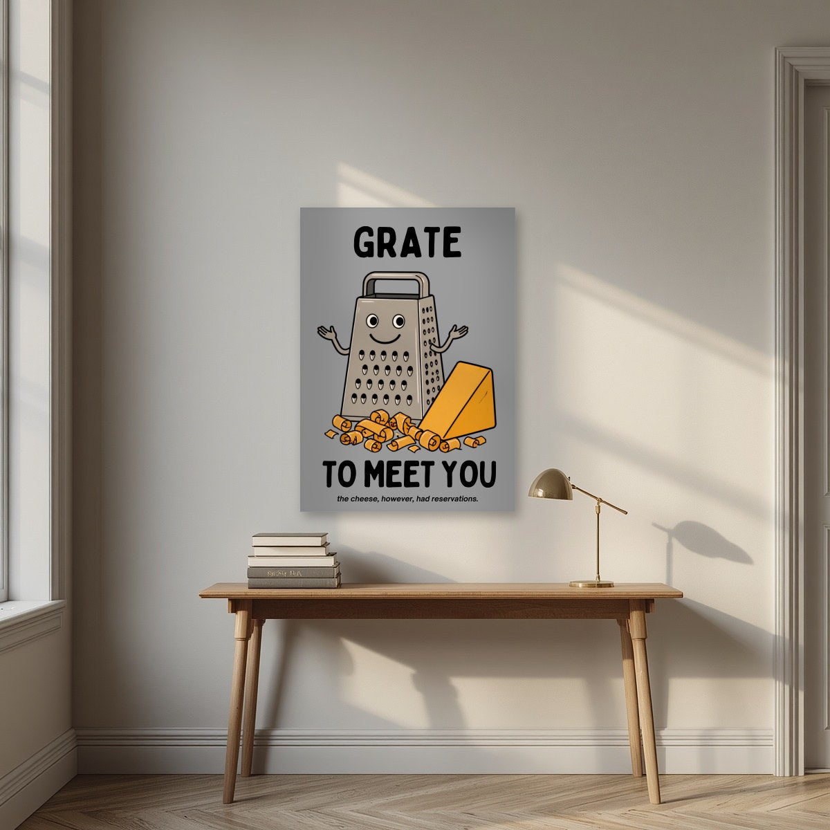 Grate to Meet You – Pebble Grey art print, unframed poster, styled in a desk