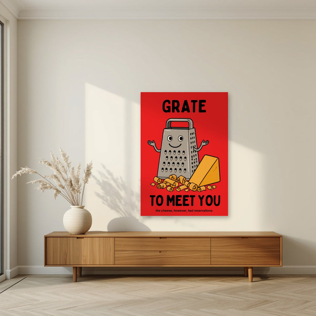 Grate to Meet You – Postbox Red art print, unframed poster, styled in a living room