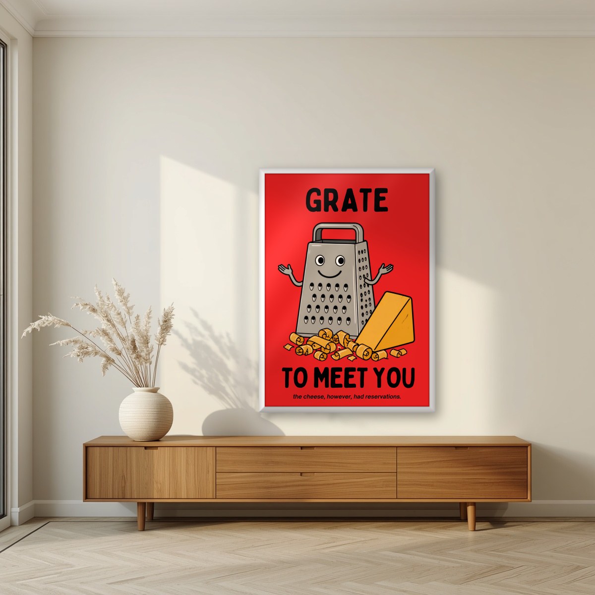 Grate to Meet You – Postbox Red art print, in a white frame, styled in a living room