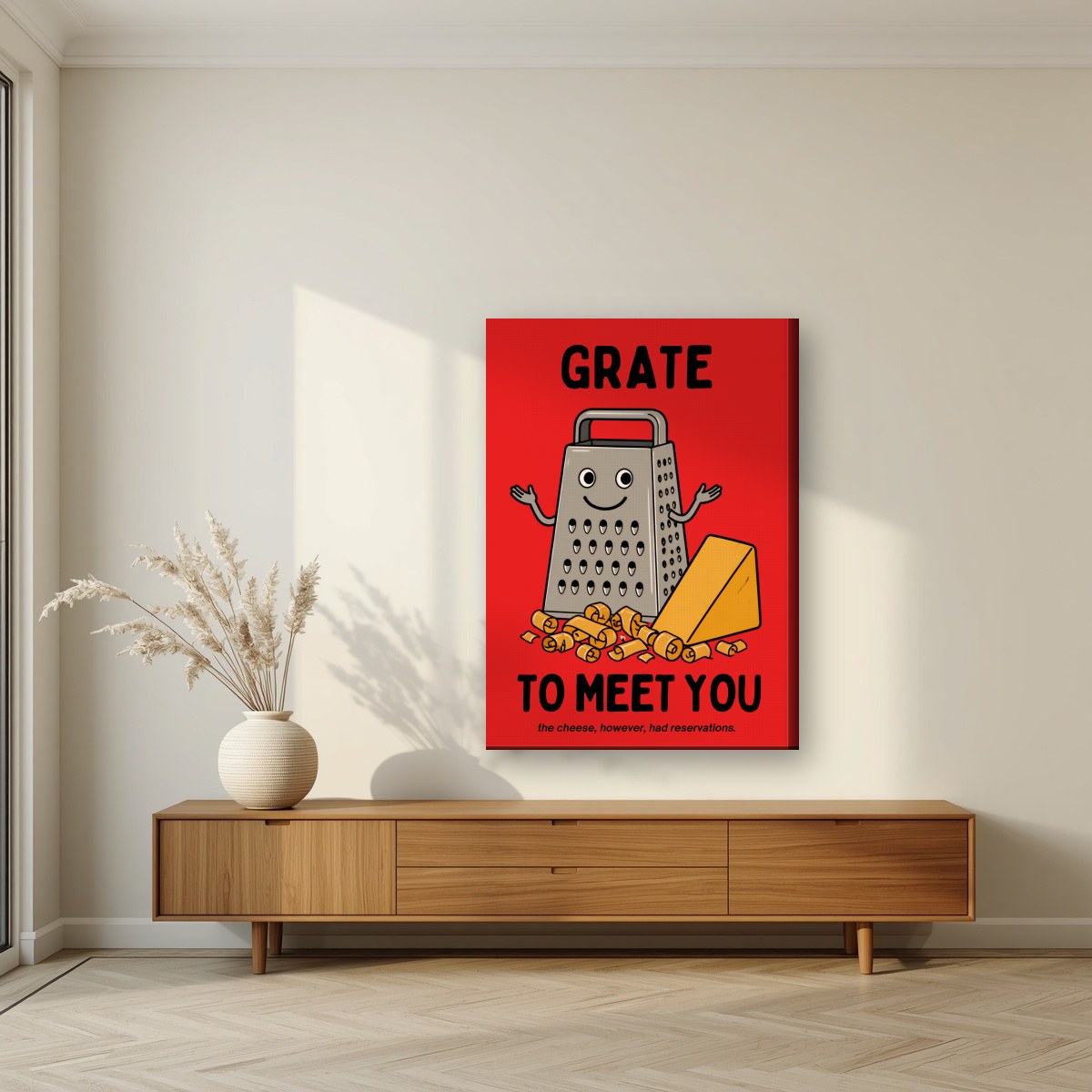 Grate to Meet You – Postbox Red art print, on slim canvas, styled in a living room