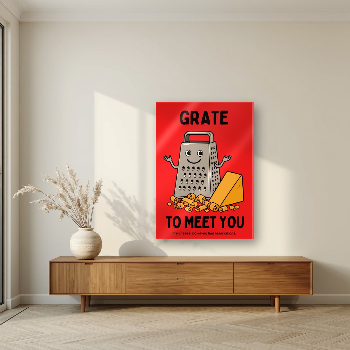 Grate to Meet You – Postbox Red art print, as an acrylic print, styled in a living room