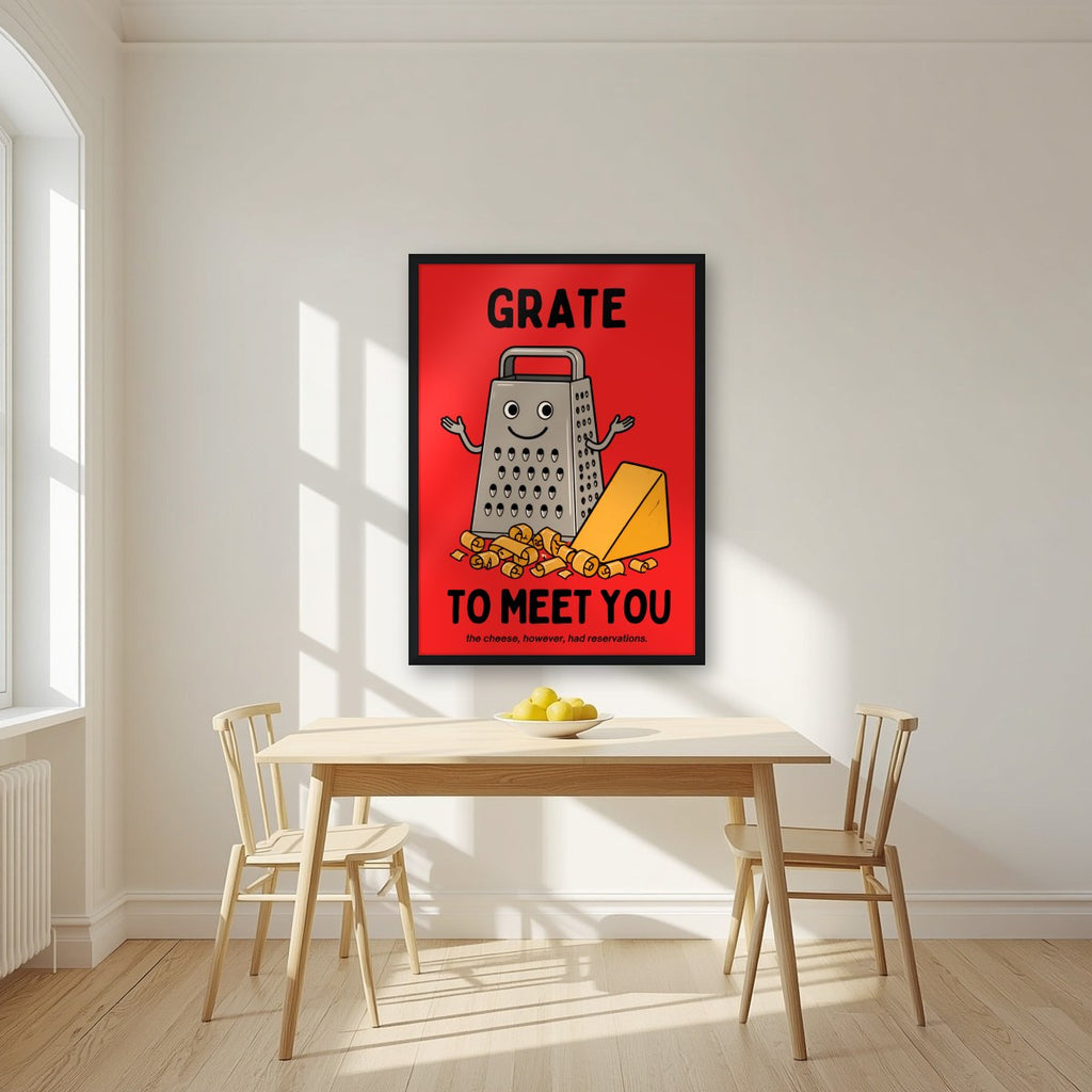Grate to Meet You – Postbox Red art print, in a black frame, styled in a kitchen