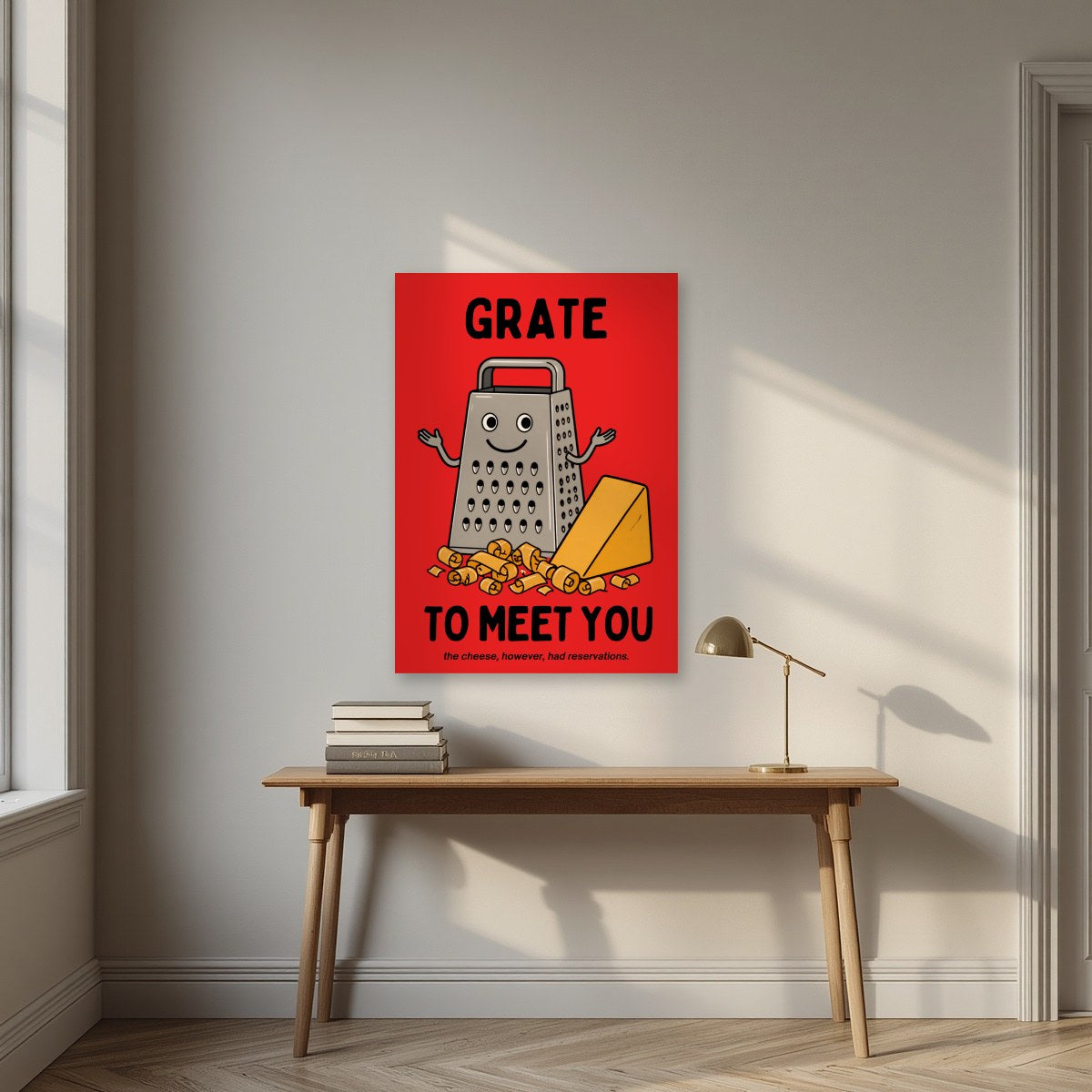 Grate to Meet You – Postbox Red art print, unframed poster, styled in a desk