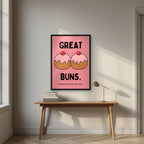 Great Buns – Cherry Rose art print, in a black frame, styled in a desk