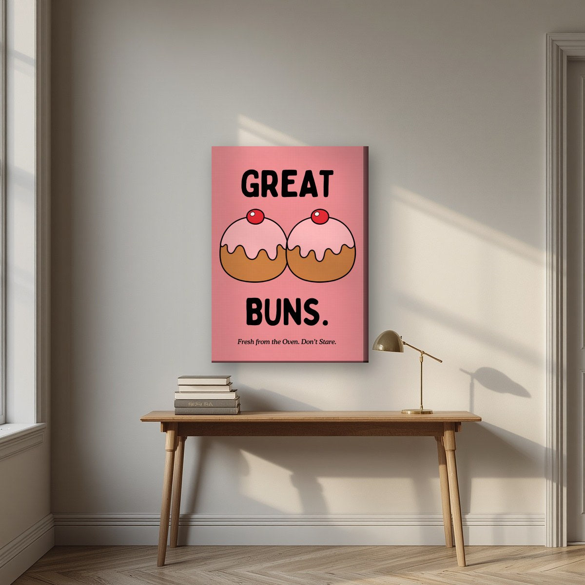 Great Buns – Cherry Rose art print, on slim canvas, styled in a desk