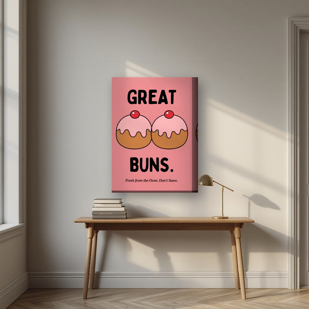 Great Buns – Cherry Rose art print, on thick canvas, styled in a desk