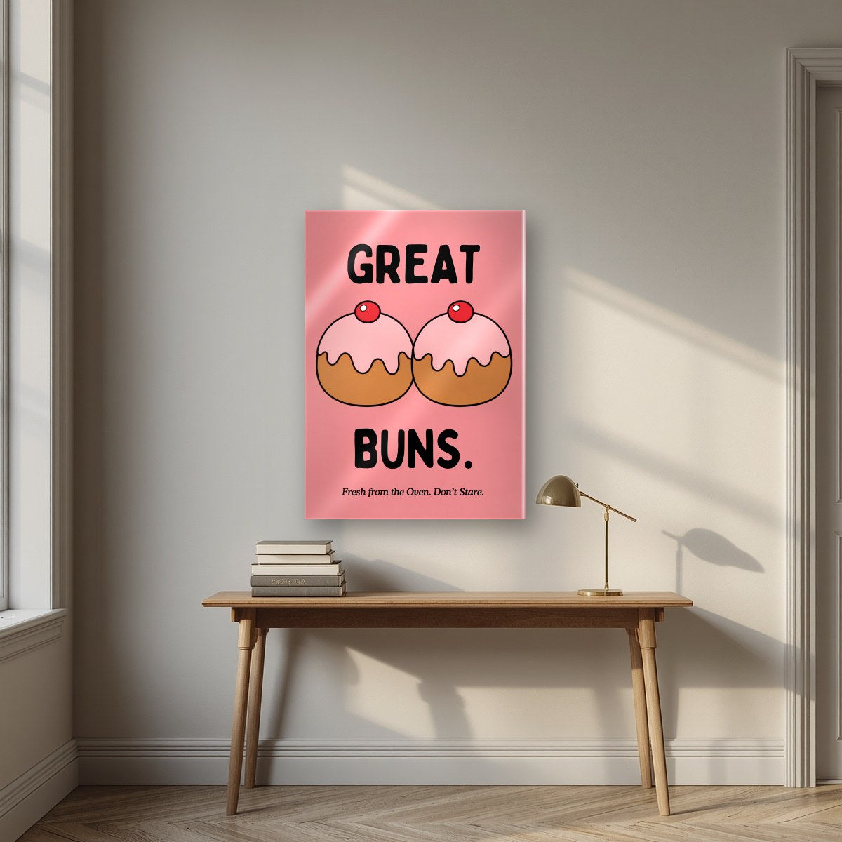 Great Buns – Cherry Rose art print, as an acrylic print, styled in a desk