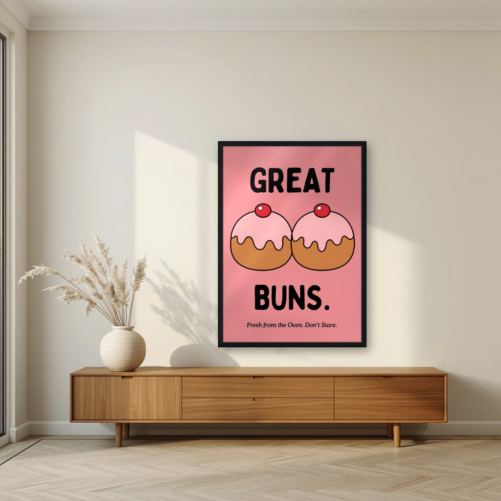 Great Buns – Cherry Rose art print, in a black frame, styled in a living room