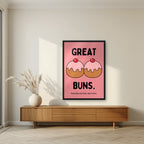 Great Buns – Cherry Rose art print, in a black frame, styled in a living room