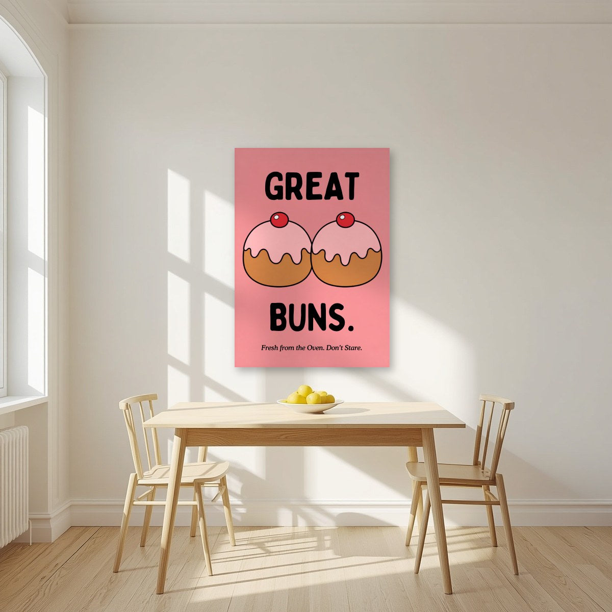 Great Buns – Cherry Rose art print, unframed poster, styled in a kitchen