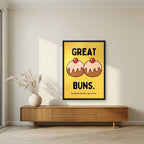 Great Buns – Custard Gold art print, in a black frame, styled in a living room