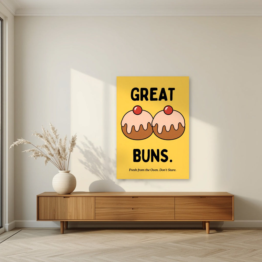 Great Buns – Custard Gold art print, unframed poster, styled in a living room
