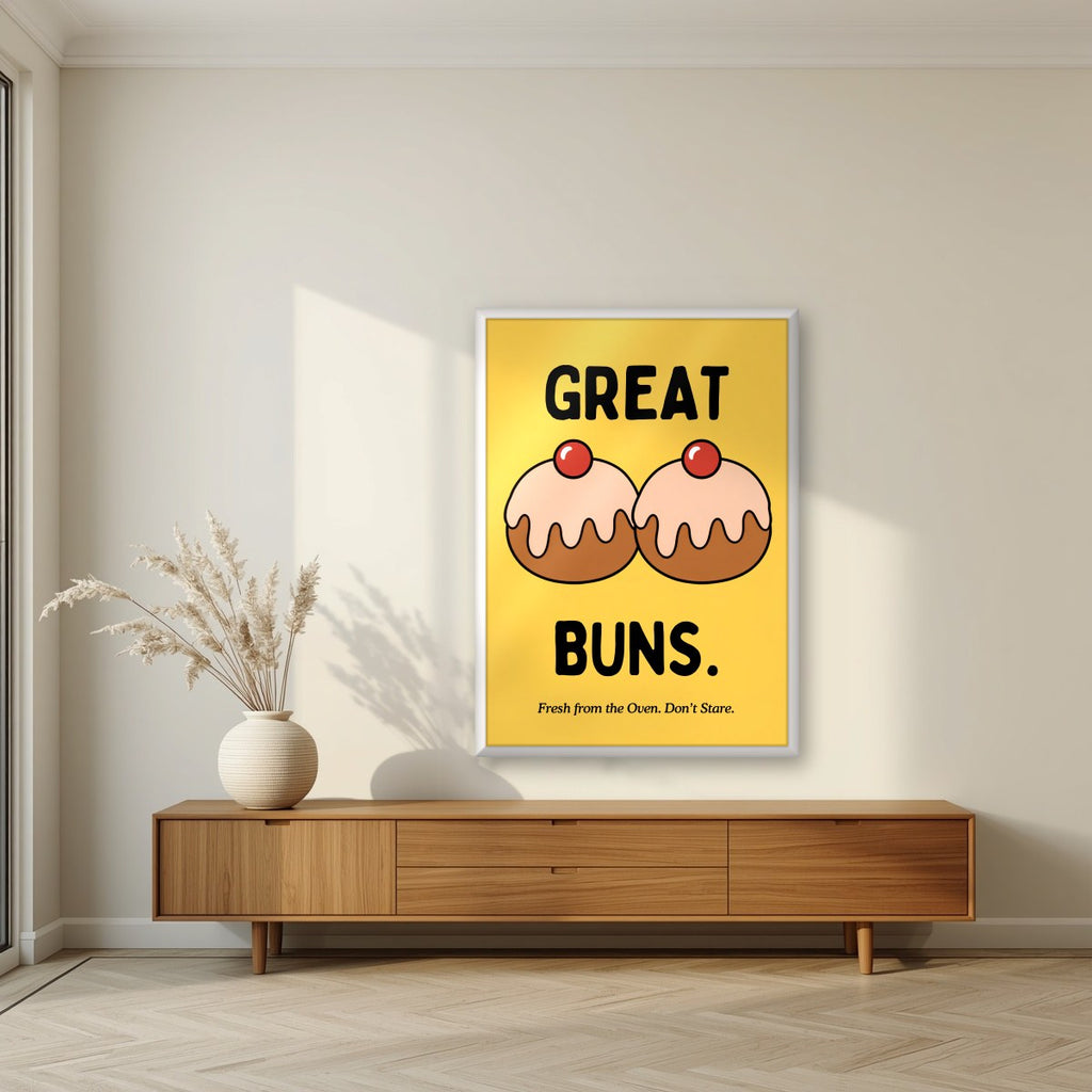 Great Buns – Custard Gold art print, in a white frame, styled in a living room