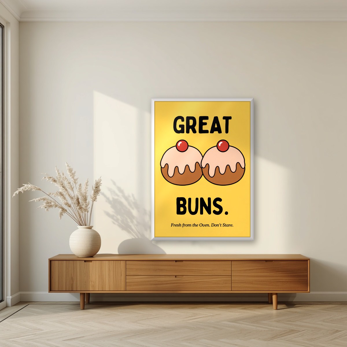 Great Buns – Custard Gold art print, in a white frame, styled in a living room