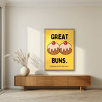 Great Buns – Custard Gold art print, in an oak frame, styled in a living room
