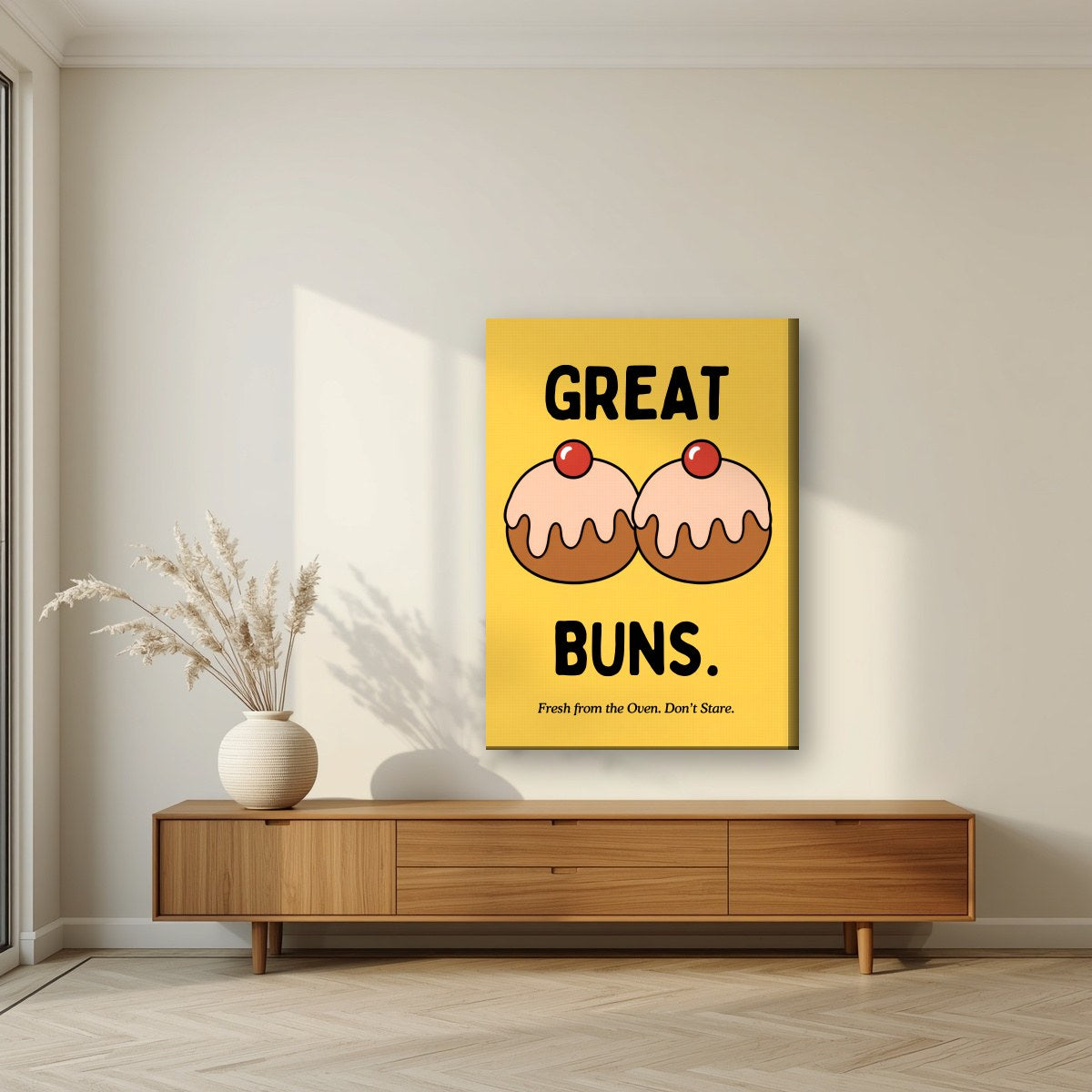 Great Buns – Custard Gold art print, on slim canvas, styled in a living room