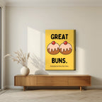 Great Buns – Custard Gold art print, on thick canvas, styled in a living room