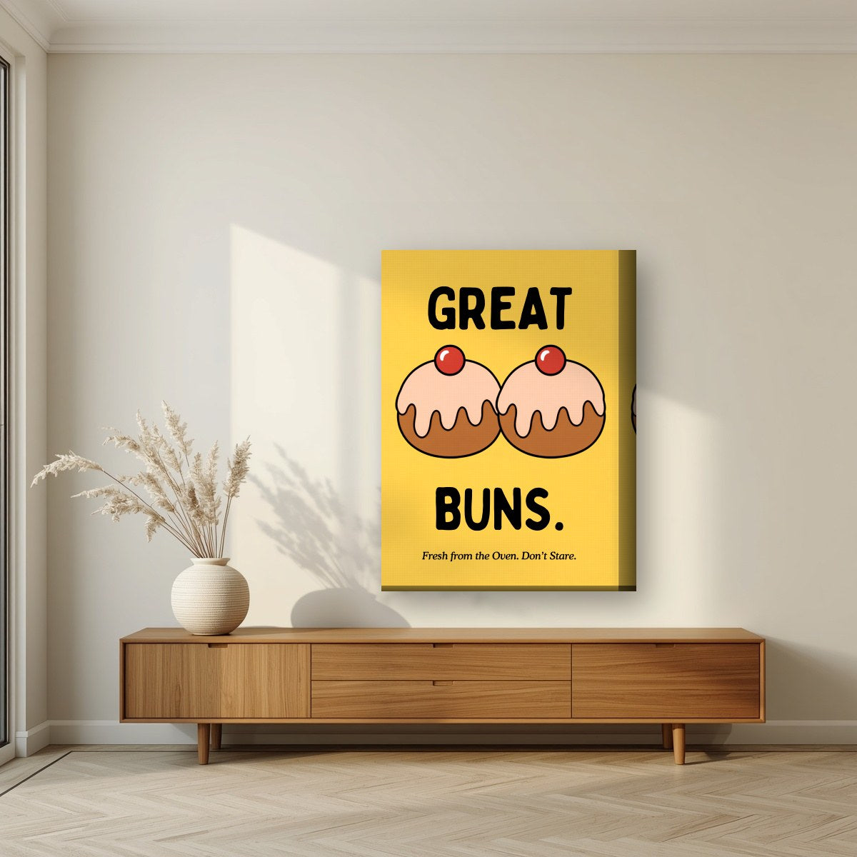 Great Buns – Custard Gold art print, on thick canvas, styled in a living room