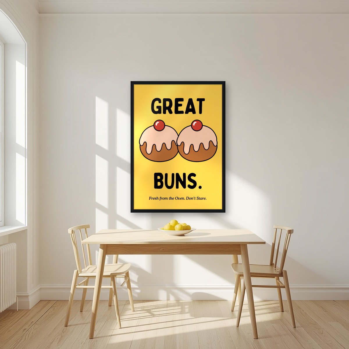Great Buns – Custard Gold art print, in a black frame, styled in a kitchen