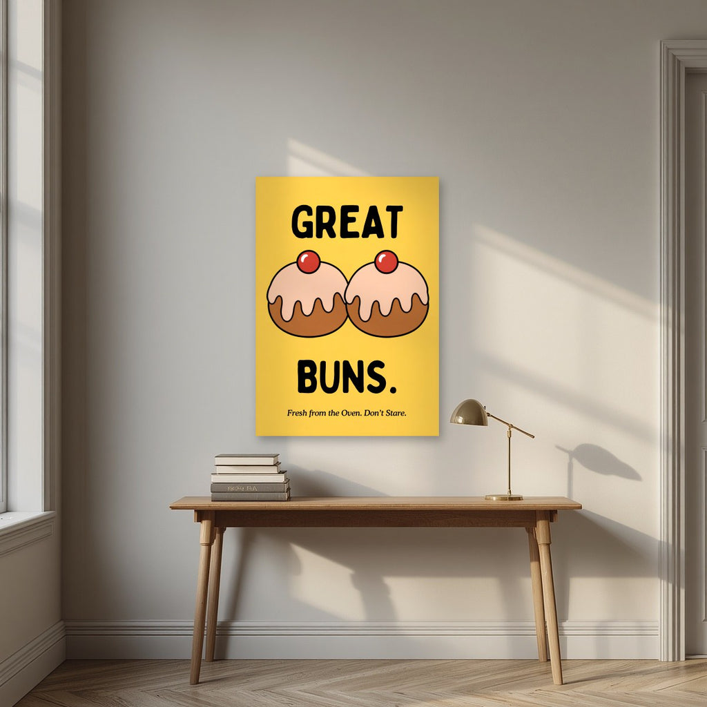 Great Buns – Custard Gold art print, unframed poster, styled in a desk