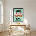 Great Buns – Mint Icing art print, in a black frame, styled in a kitchen