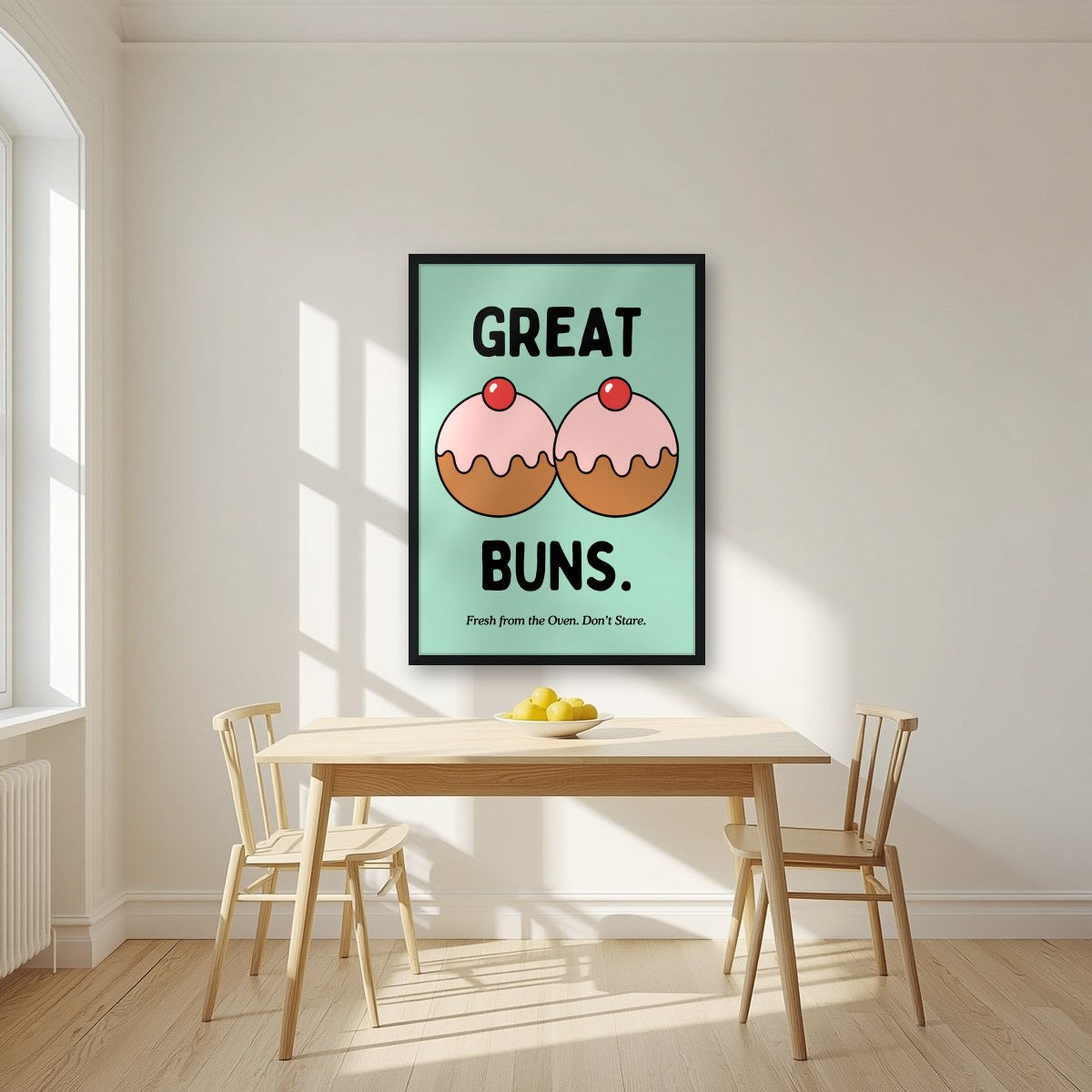 Great Buns – Mint Icing art print, in a black frame, styled in a kitchen