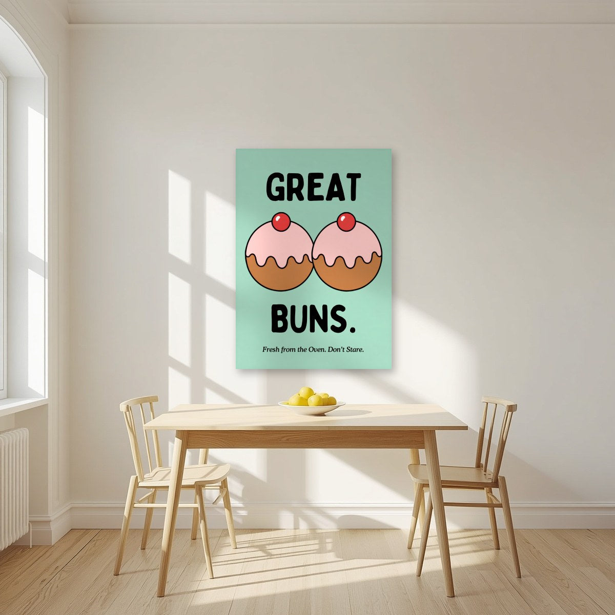 Great Buns – Mint Icing art print, unframed poster, styled in a kitchen