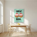 Great Buns – Mint Icing art print, in a white frame, styled in a kitchen