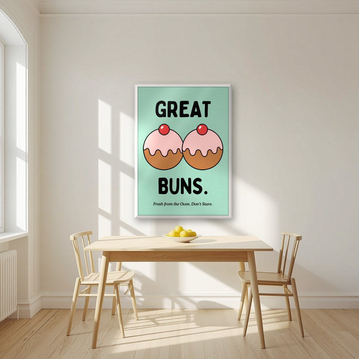 Great Buns – Mint Icing art print, in a white frame, styled in a kitchen
