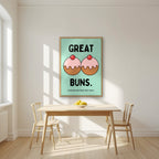 Great Buns – Mint Icing art print, in an oak frame, styled in a kitchen