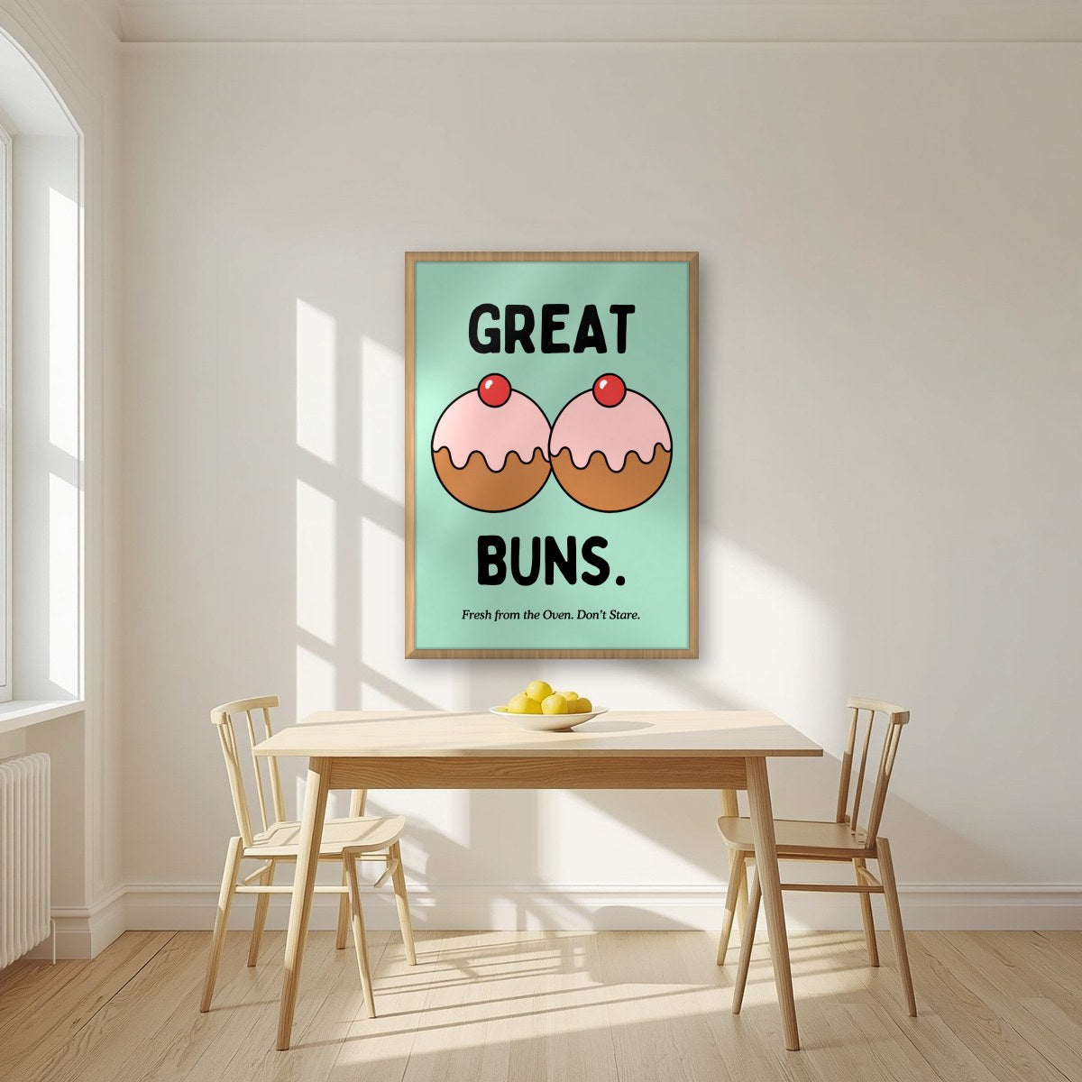 Great Buns – Mint Icing art print, in an oak frame, styled in a kitchen