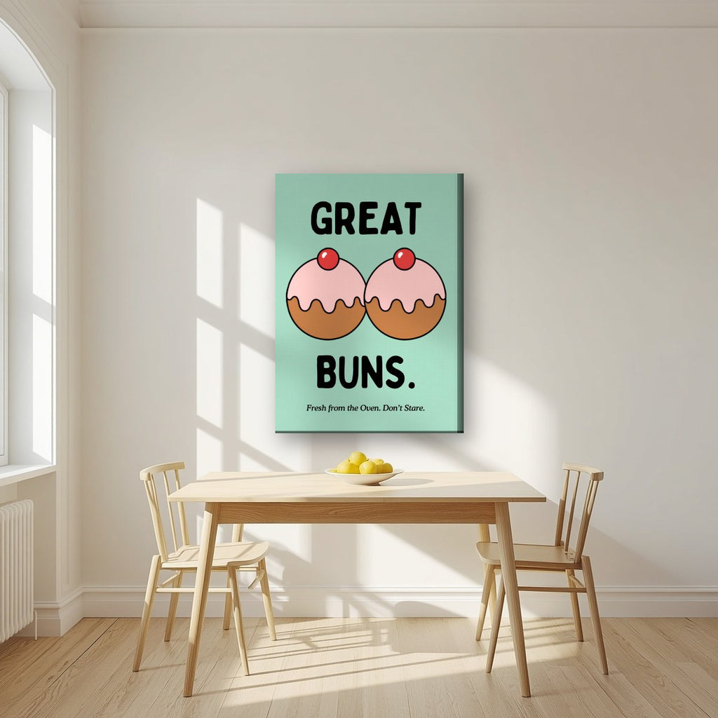 Great Buns – Mint Icing art print, on slim canvas, styled in a kitchen