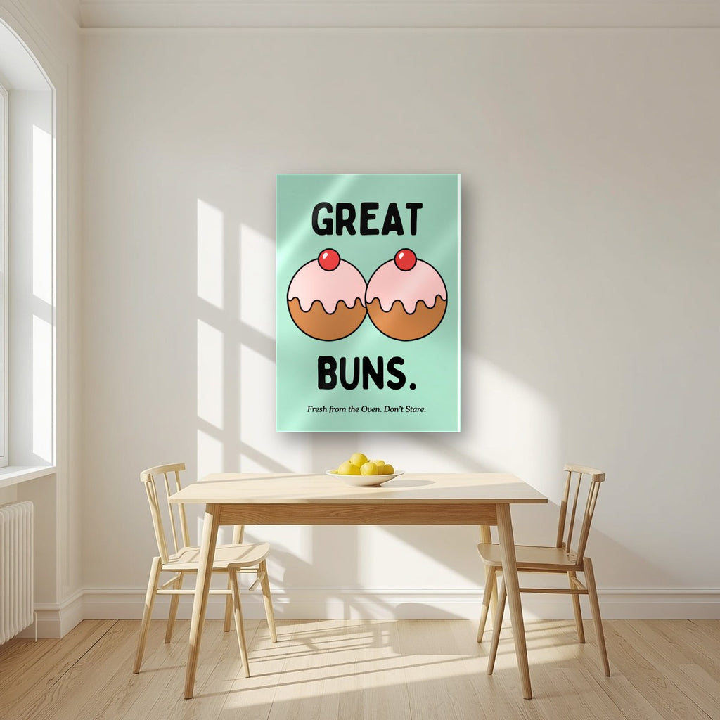 Great Buns – Mint Icing art print, as an acrylic print, styled in a kitchen