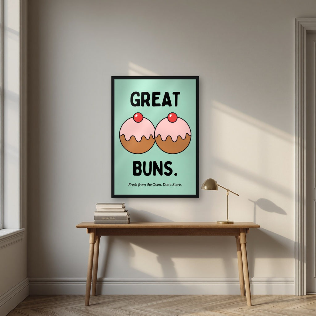 Great Buns – Mint Icing art print, in a black frame, styled in a desk