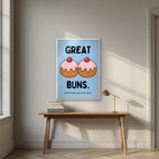 Great Buns – Powder Blue art print, in a white frame, styled in a desk