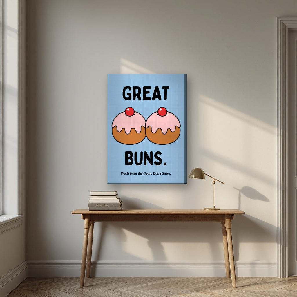 Great Buns – Powder Blue art print, on slim canvas, styled in a desk