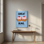 Great Buns – Powder Blue art print, on slim canvas, styled in a desk